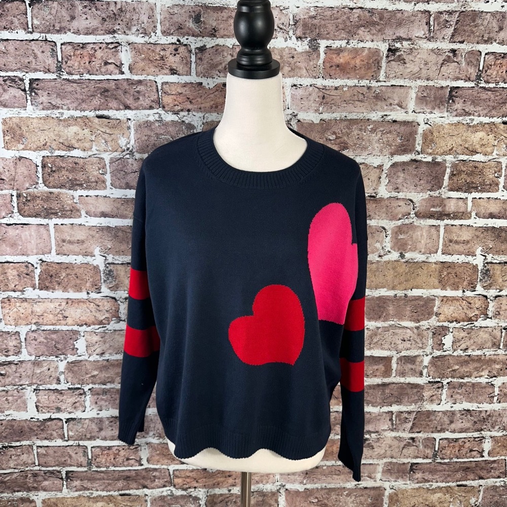 Tommy Hilfiger Women's Cropped Double Heart Sweater‎ Navy Crewneck Size Large - Picture 3 of 15